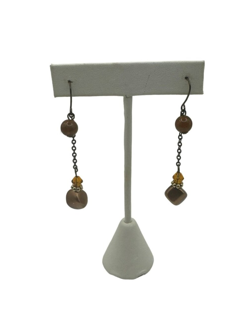Handcrafted Brown & Amber Dangle Earrings With Chain